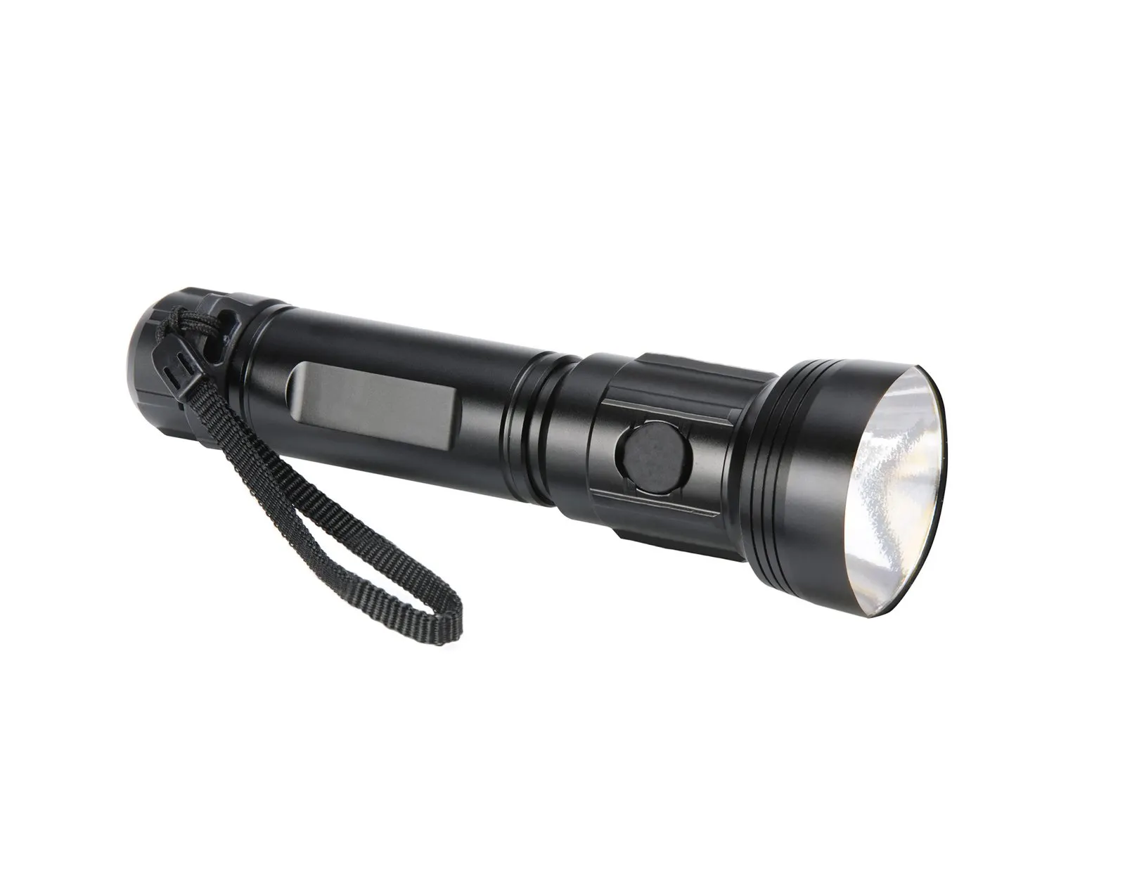 A black handheld flashlight with wrist strap against a white background